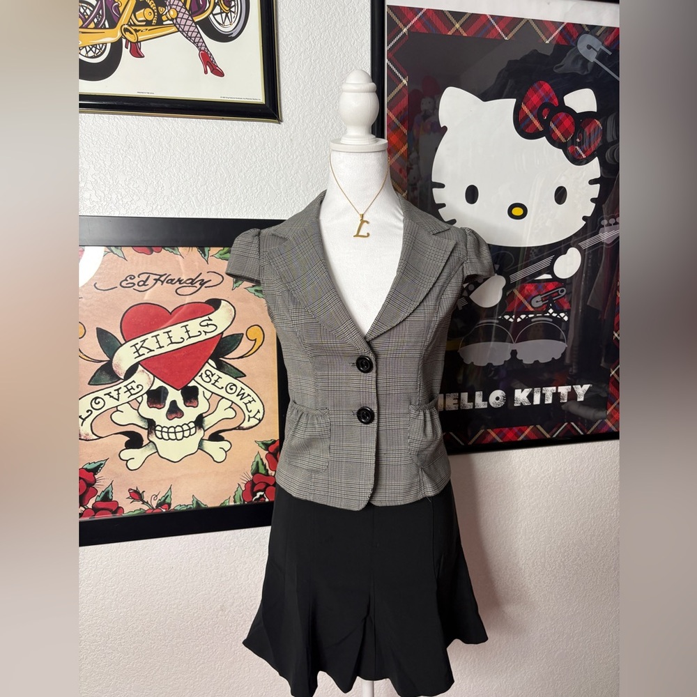 Have Grey Plaid Short Sleeve Blazer Top Y2K Office Siren Preppy